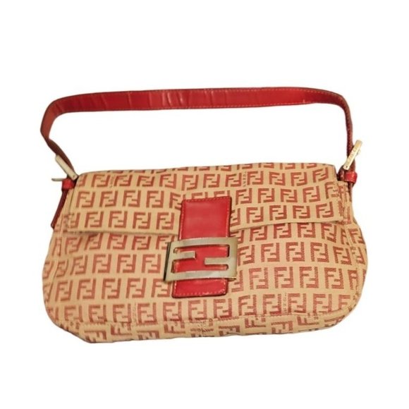Fendi red Zucchino print baguette bag w chrome FF clasp - Picture 11 of 16